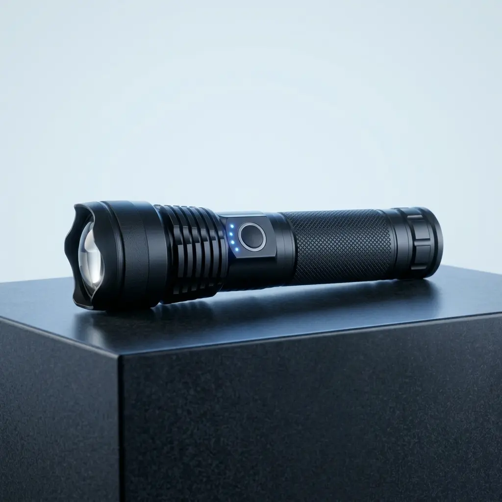 Black flashlight shown in profile with its round control and blue indicator lights