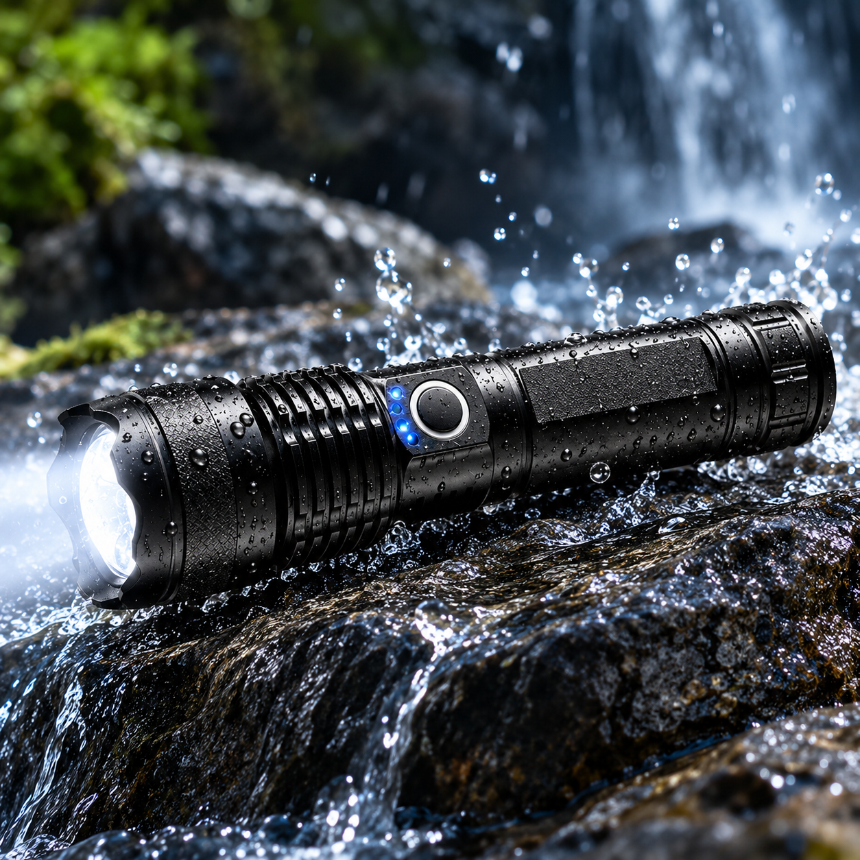Flashlight shown wet beside flowing water and dark rocks