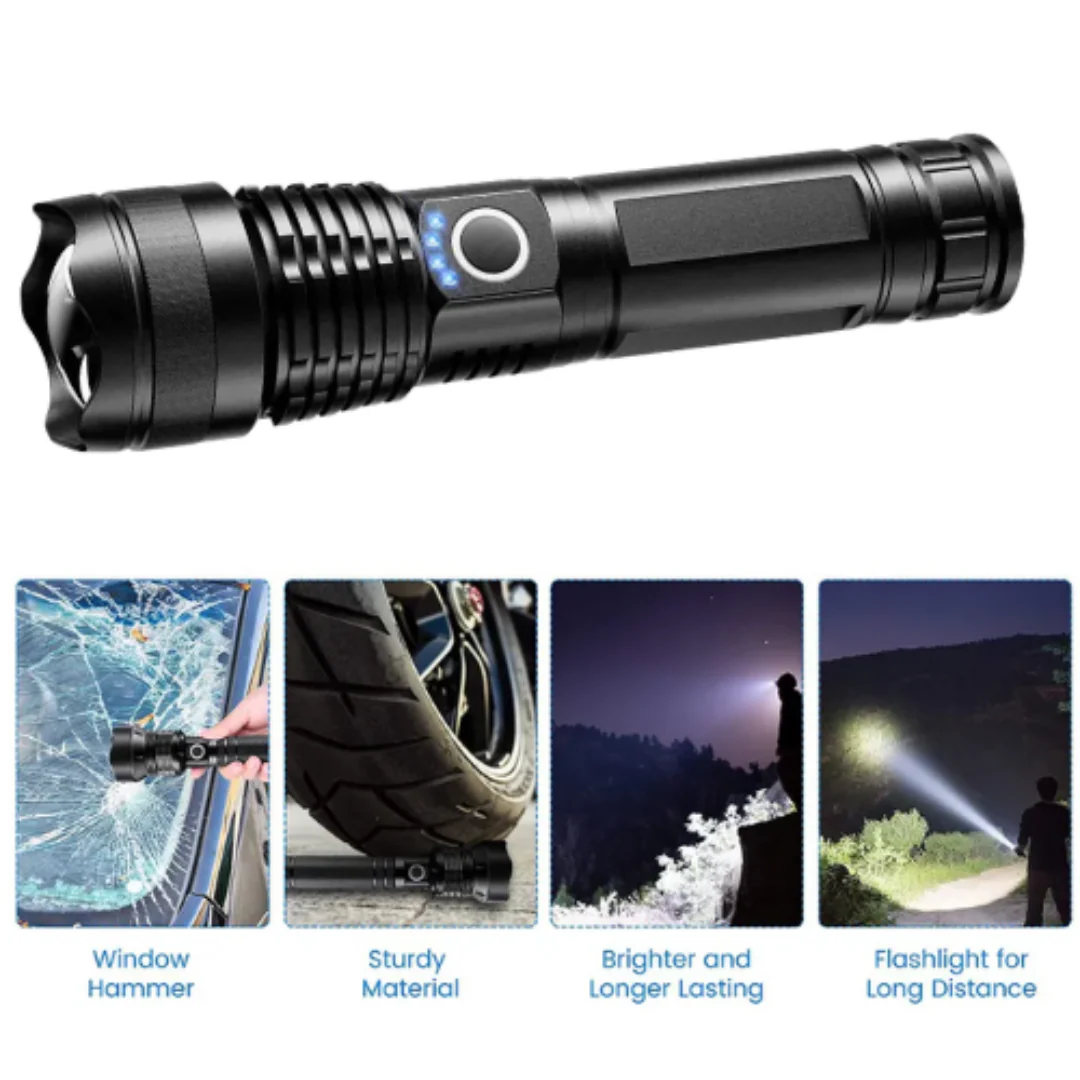 Product reference image featuring the flashlight and four illustrative usage scenes